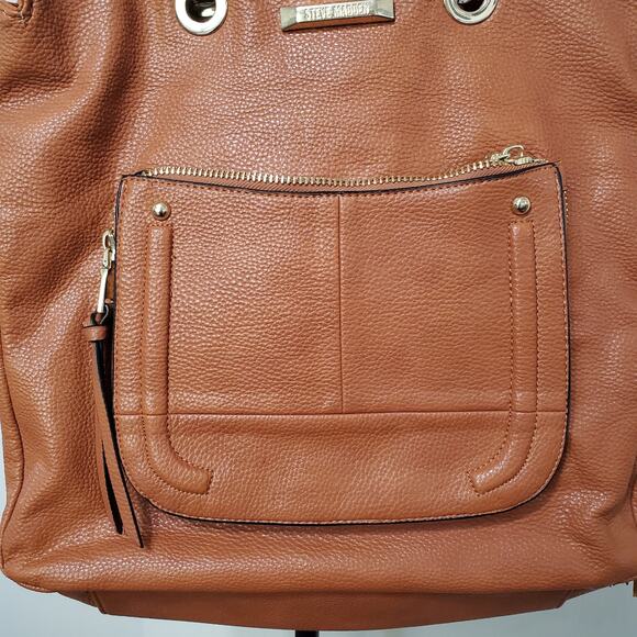 Steve Madden Large Camel Cognac Tote Outside Zip Pocket Gold Hardware - Picture 6 of 13